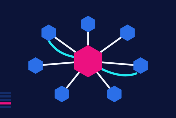 Diagrama de cluster de tópico com um artigo central ligado a sete artigos de apoio e linhas de retorno, estrutura de cluster para SEO e visibilidade em IA